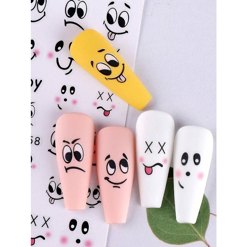 1pcs Cartoon Nail Stickers, Cute Abstract Expression Design 3D Self-Adhesive Nail Art Sticker, DIY Kawaii Fashion Nail Art Decor Nail Supplies