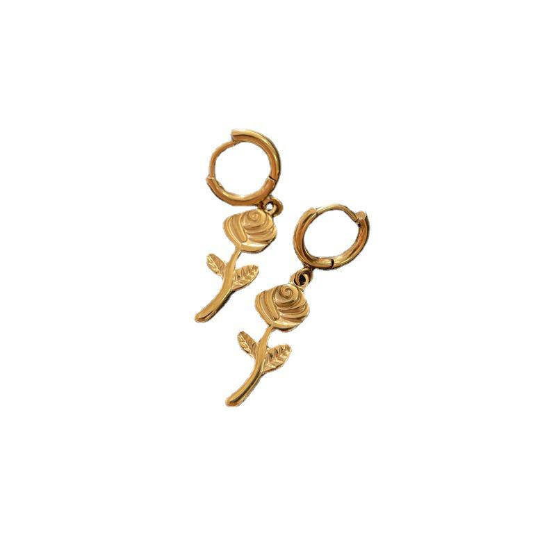 Elegant 18K Gold Plated Titanium Steel Rose & Little Prince 3D Flower Earrings (Non-Fading)