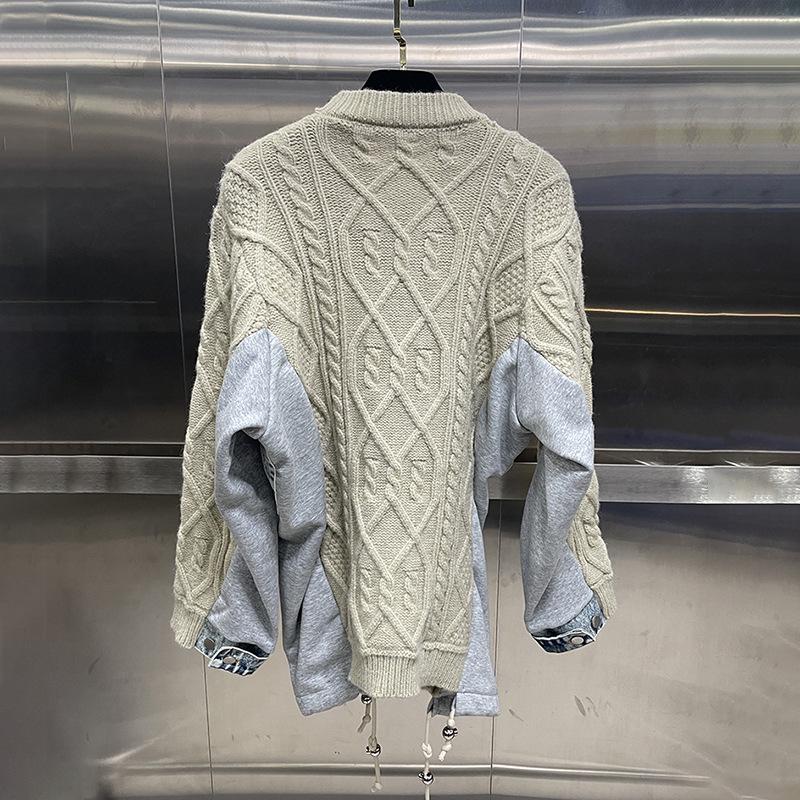 2024 Autumn Korean Loose-Fit Sweater: Round Neck, Long Sleeve, Denim Splicing Design