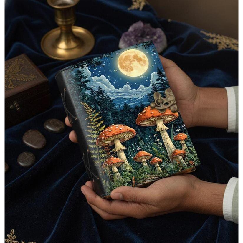 

Mushroom Grimoire, Leather Journal, Antique Spell Book, Deckle Edge Paper 7 x 5 inch / 100 Page
