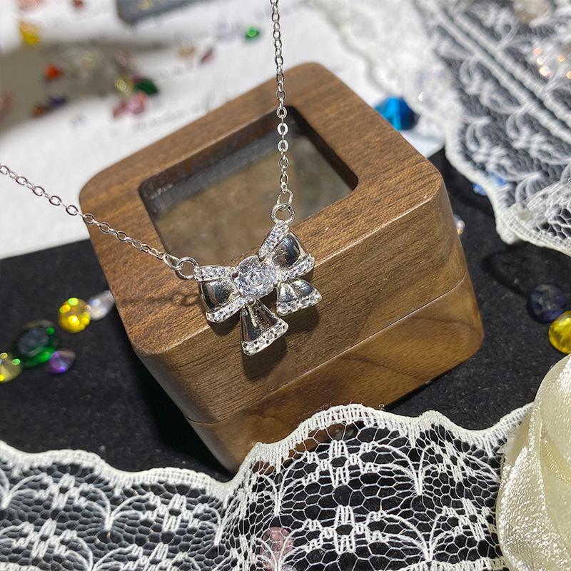 Clear Sky Retro Dreamy Blue Zircon Bow Necklace - S925 Silver, Full Diamond, Niche Girly Design