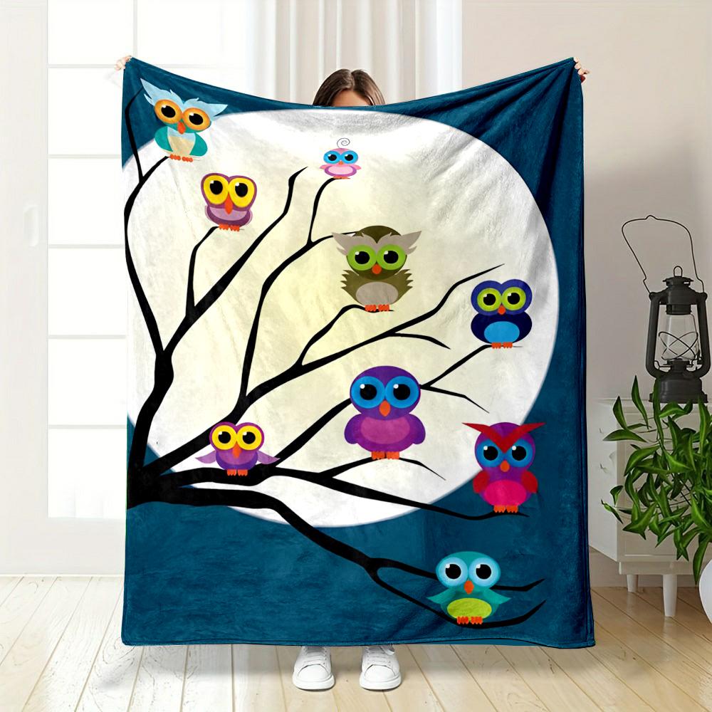 Colorful Owls on a Tree at Night Patterned flannel blanket perfect for the bedroom living room, sofa, or a little nap