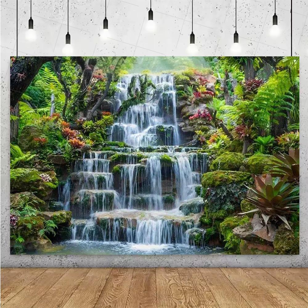 Forest Waterfall Wonderland Backdrop Supplies Rainforest Natural Scenery Background Banner Wall Party Decor Photography Props