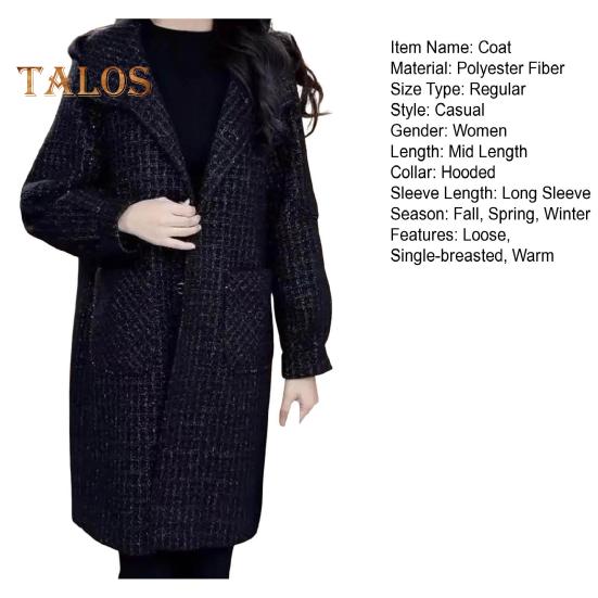 Damen-Wollmantel für Herbst und Winter mit Seitentaschen, Kapuze, einreihig, lockeres Karomuster, mittellang, dick, warm haltender Mantel für Pendeln, Dating, Reisen