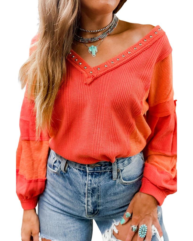 Azura Exchange Red Studded V Neckline Exposed Seam Textured Knit Top
