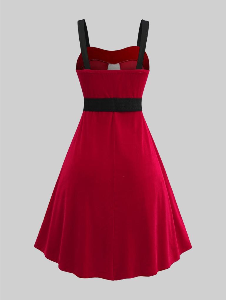 Rosegal Plus Size Contrast Binding Fluffy Fur Trim Mock Buttons Heart Buckle Belt A Line Velvet Christmas Tank Dress