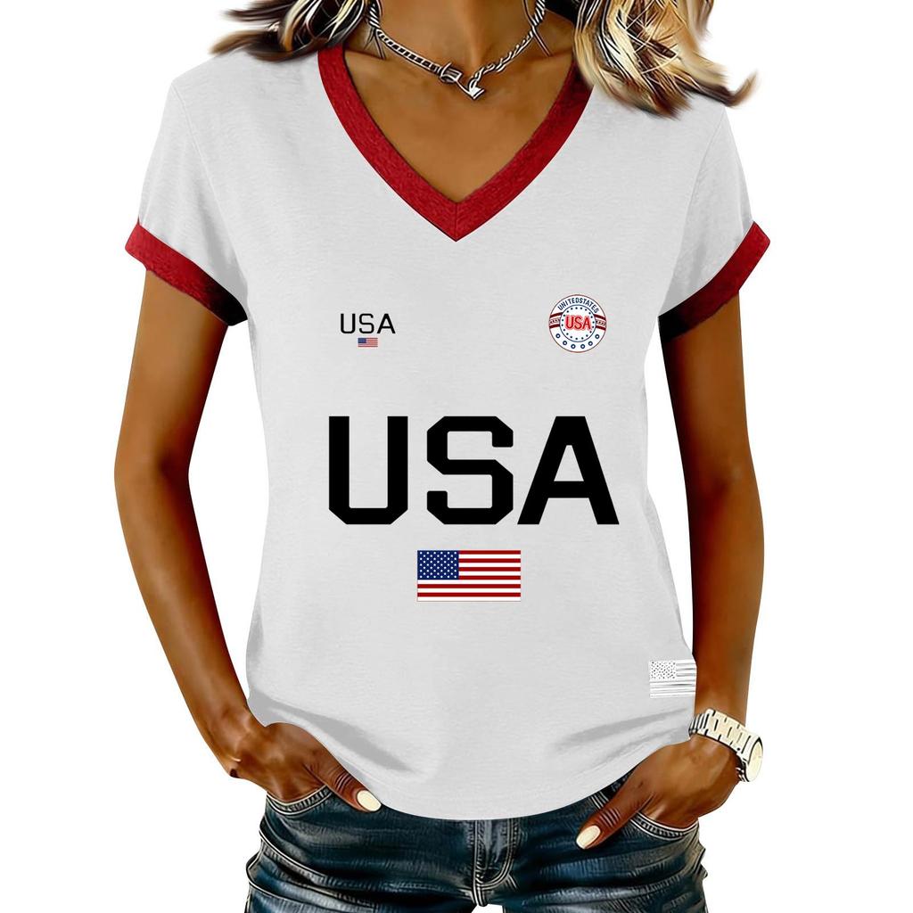 Damen Lässiger V-Ausschnitt Kurzarm Pullover Bedrucktes T-Shirt Top