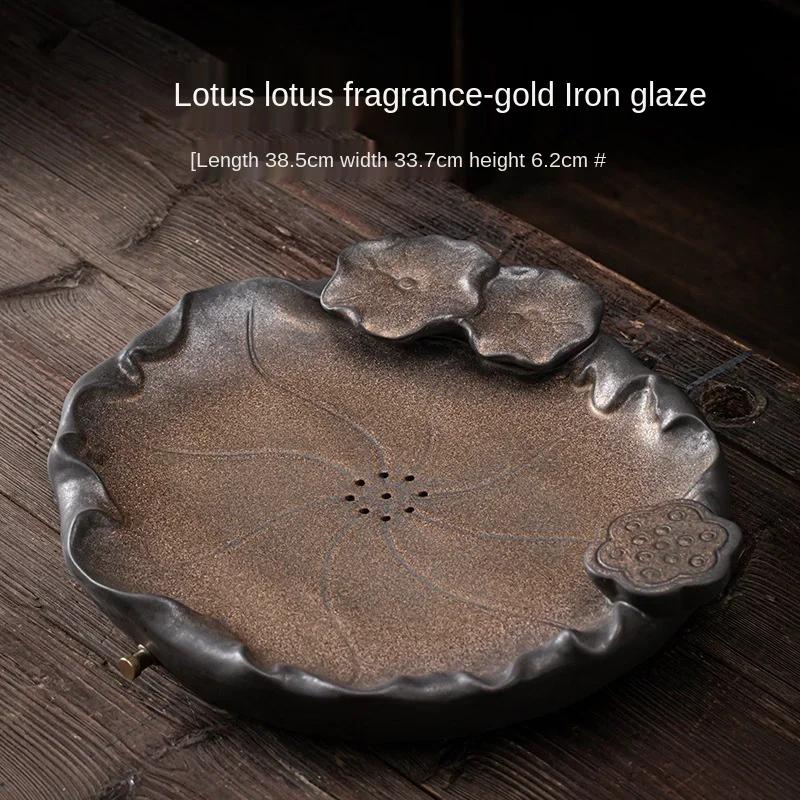 

Japanese Gilding Iron Glaze Lotus Tea Tray Ceramic Water Storage and Drainage Dual-Purpose Bamboo Tea Tray Tea Table Saucer