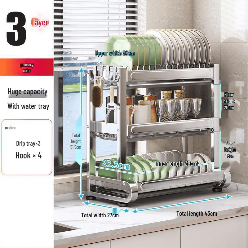 Multifunctional 3-Tier Stainless Steel Dish Rack