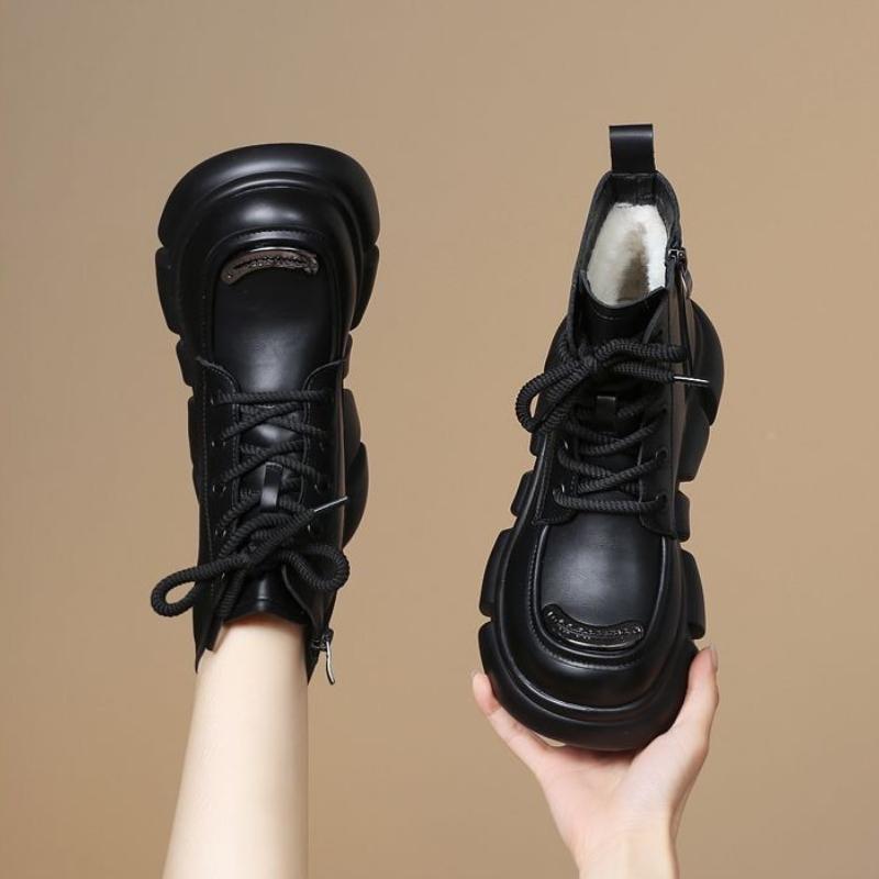 Waterproof Leather Chunky Lace-up Snow Boots for Women Goth Fleece-lined Winter Booties Comfortable and Elegant Chic Woman Shoes