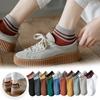 Women Cotton Socks Spring Summer Striped Crew Socks Medium Length Socks Autumn Color Spun Yarn Socks Double Needle Socks