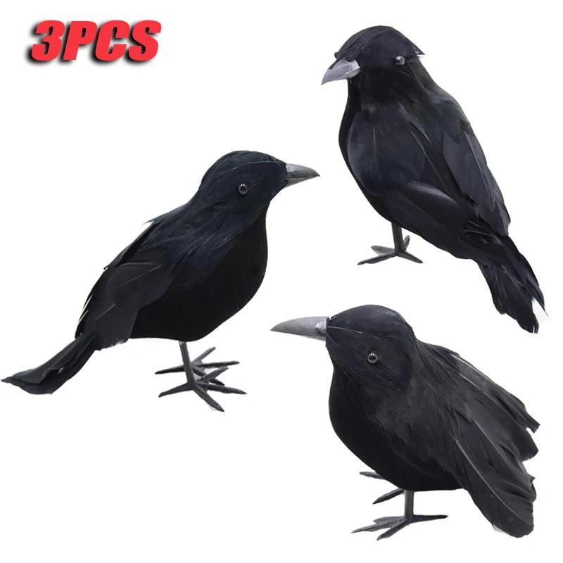 1-9PCS Artificial Black Raven Flocked Feathers Halloween Ghost Party Decoration Spooky Bird Model for Graveyard Scene Prop Favor