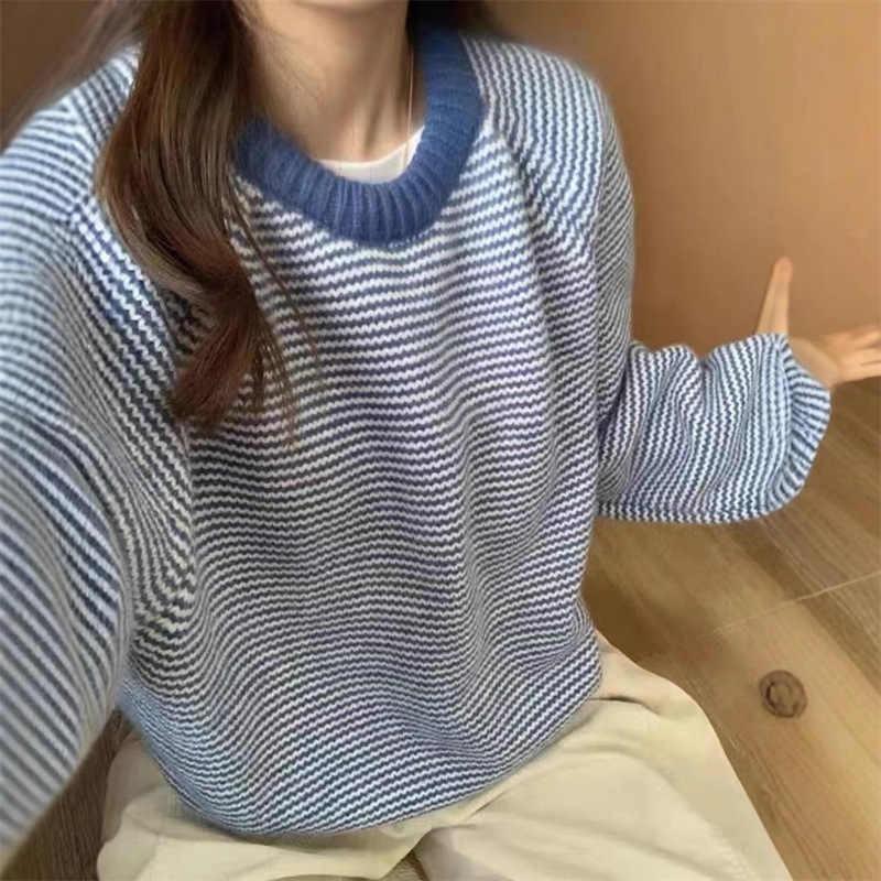 Korean Fashion Crew Neck Winter Striped Pullover Women Sweater Casual Loose Knitted Sweaters Office Ladies Long Sleeve Elegant Office Simple Clothing