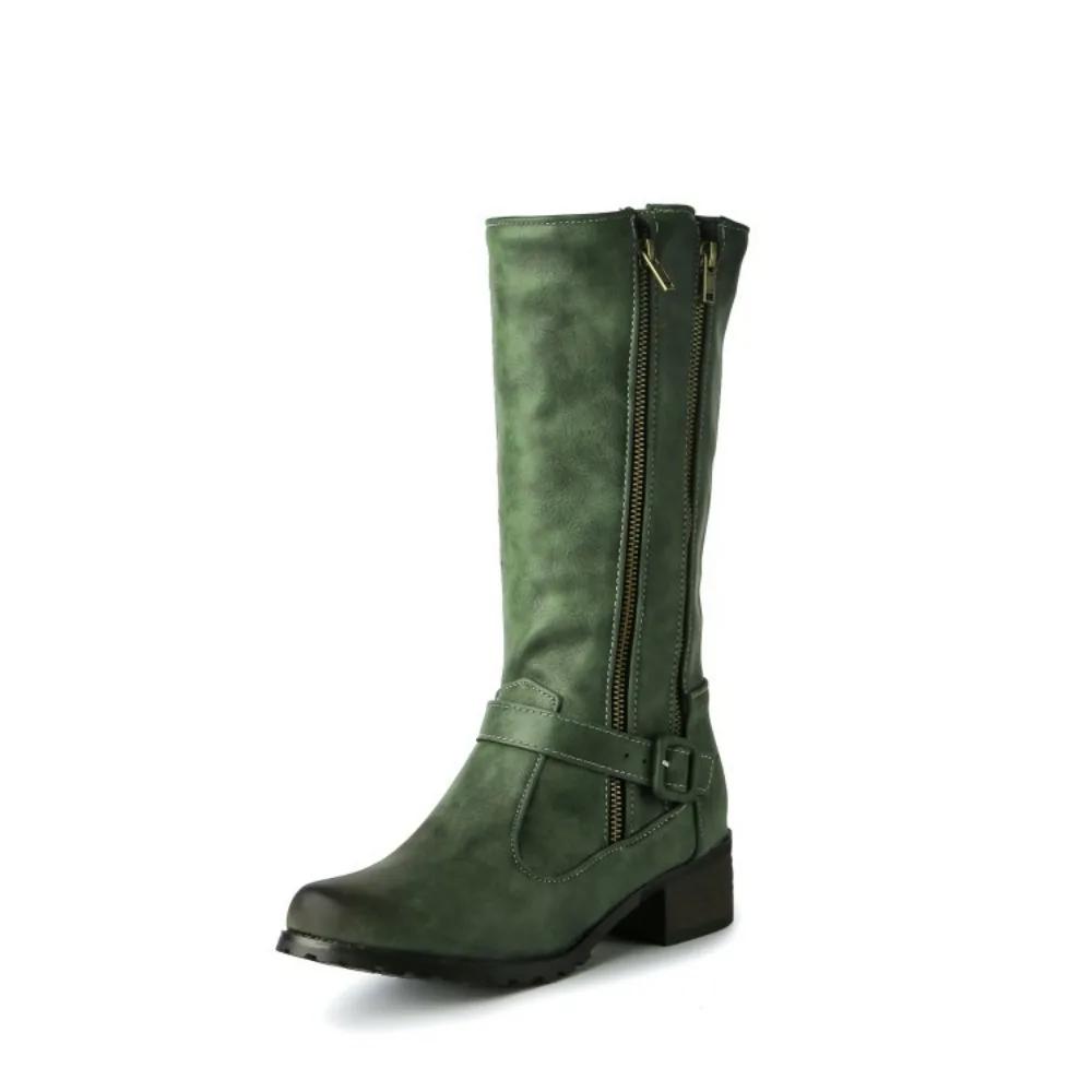 Gothic Round Toe Cool Winter Olive Army Green Womans Shoes Combat Boots Zipper Mid-calf Women Riding Equestrian Boots