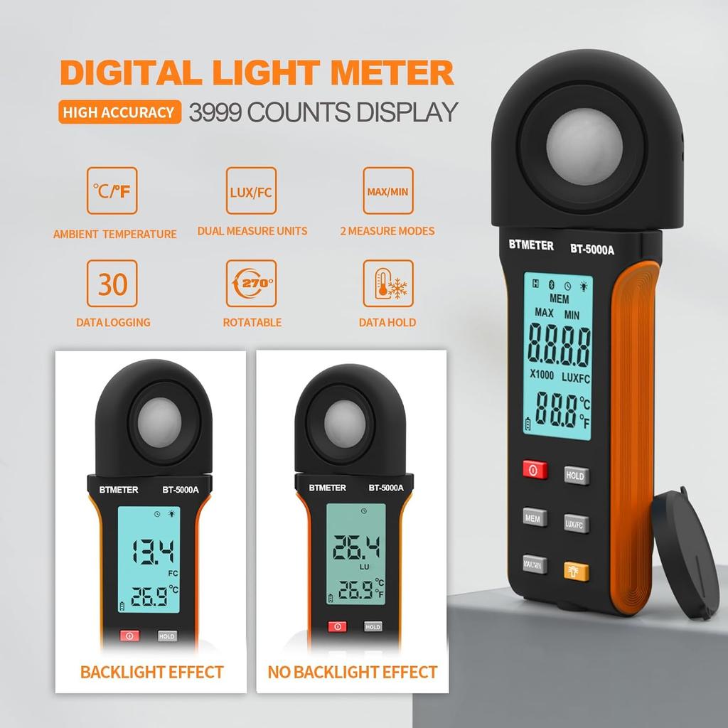 BTMETER Digital Illuminance Meter Light Meter Lumen Tester Brightness Photometer 5000A