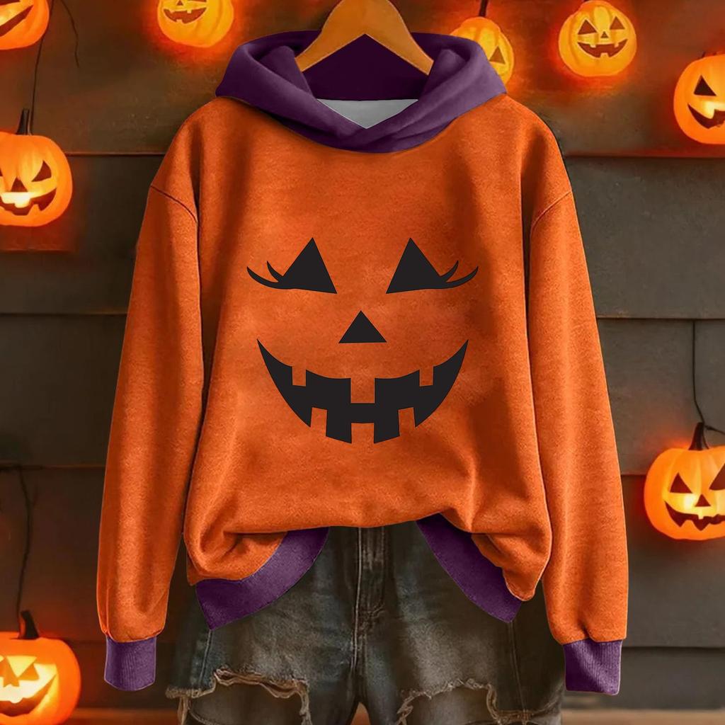 Ladies' Casual And Fashionable Halloween Printed Long Sleeved Hooded Warm Shirt Loose And Comfortable Hoodie