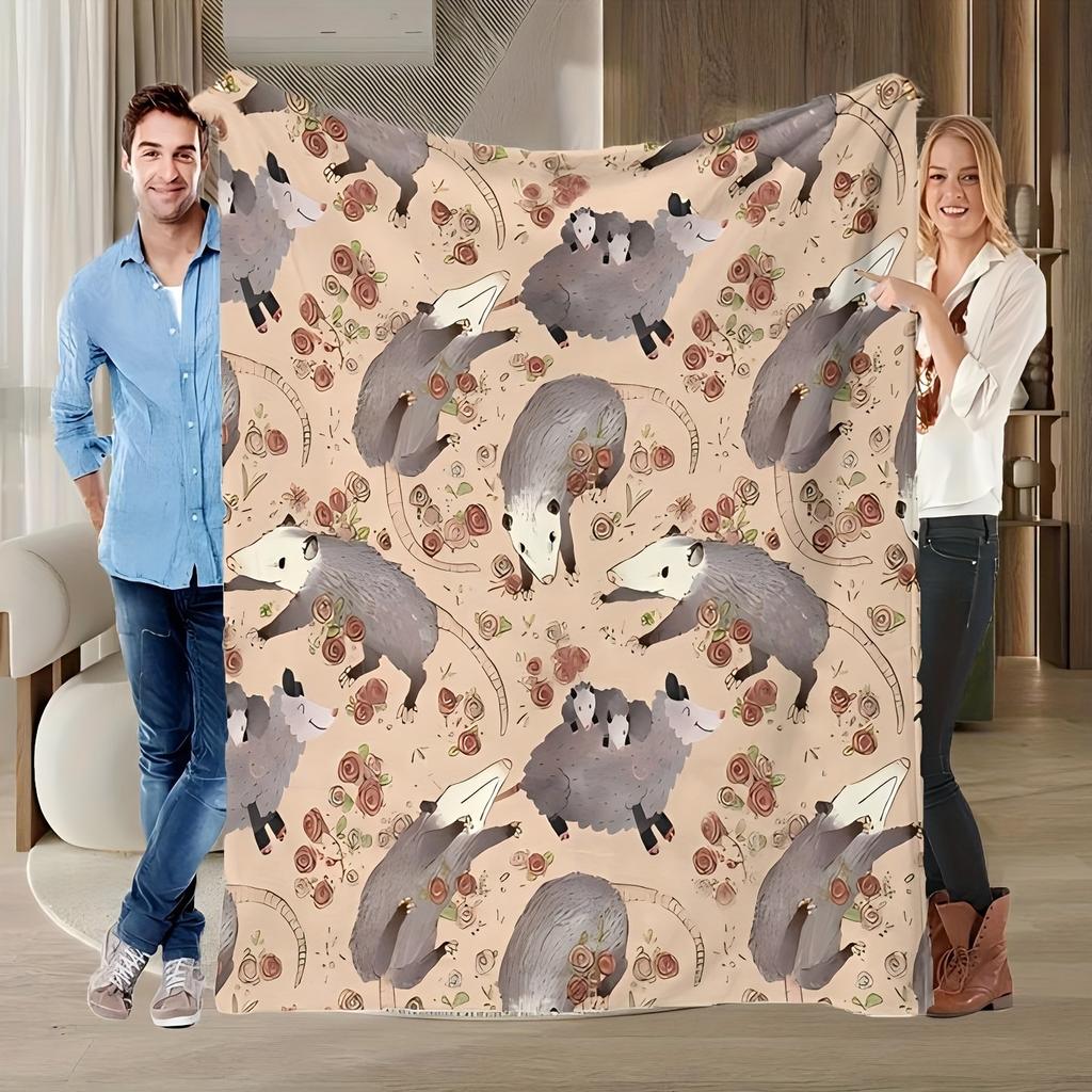 Contemporary Opossum Flannel Blanket  Soft Cozy Polyester  AllSeason Multipurpose  Sofa Decor  Gift