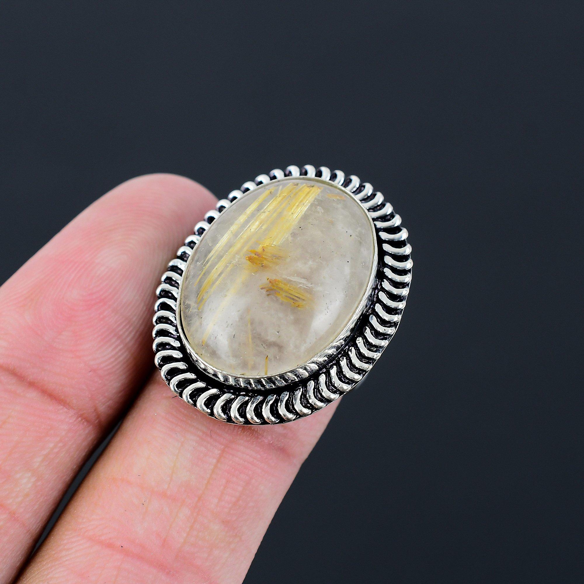 Oval Golden Rutile Gemstone 925 Sterling Silver Solitaire Ring Jewelry Size 7 7