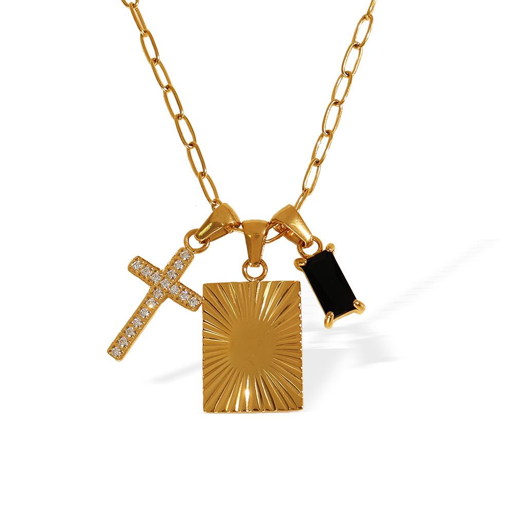 

European and American Trends Unique Personality Black Opal Square Cross Combination Pendant Chain 2026 45CM