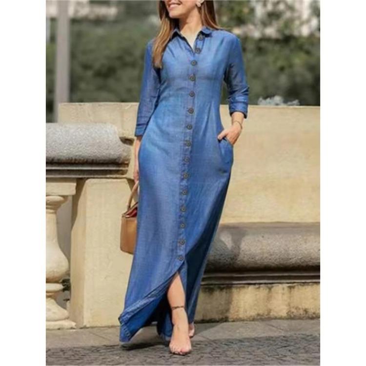 Women Casual Denim Shirt Dress Long Sleeve Button Down Collar Flip Tie Pocket Long Skirt Comfortable New Fashion Autumn