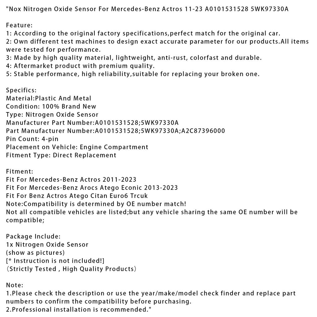 Nox Nitrogen Oxide Sensor For Mercedes-Benz Actros 11-23 A0101531528 5WK97330A