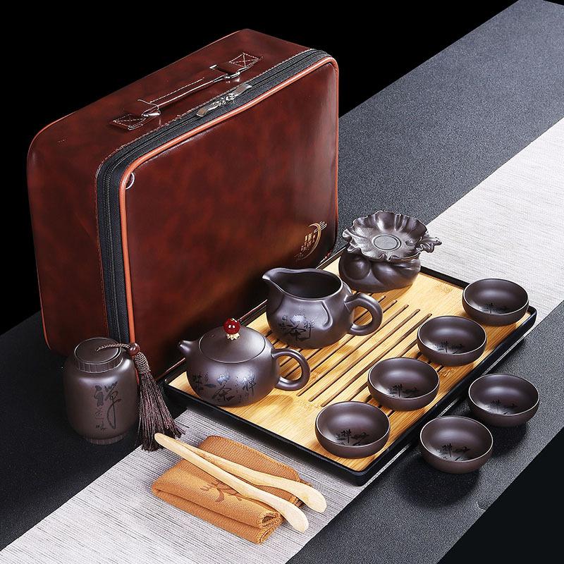 Coffret cadeau de service à thé de voyage Kung Fu en céramique haut de gamme sable violet, cadeaux d'événement d'entreprise pour la Fête de la Mi-Automne