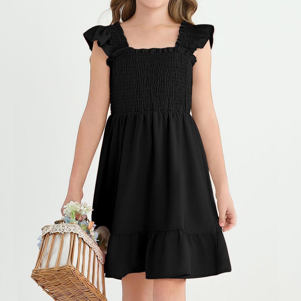 Girls Summer Sleeveless Dress - Square Neck Ruffled Back Short Dress