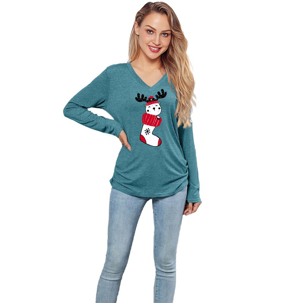 HNXC Solid-color Christmas Print Top for Women Is Loose and Casual