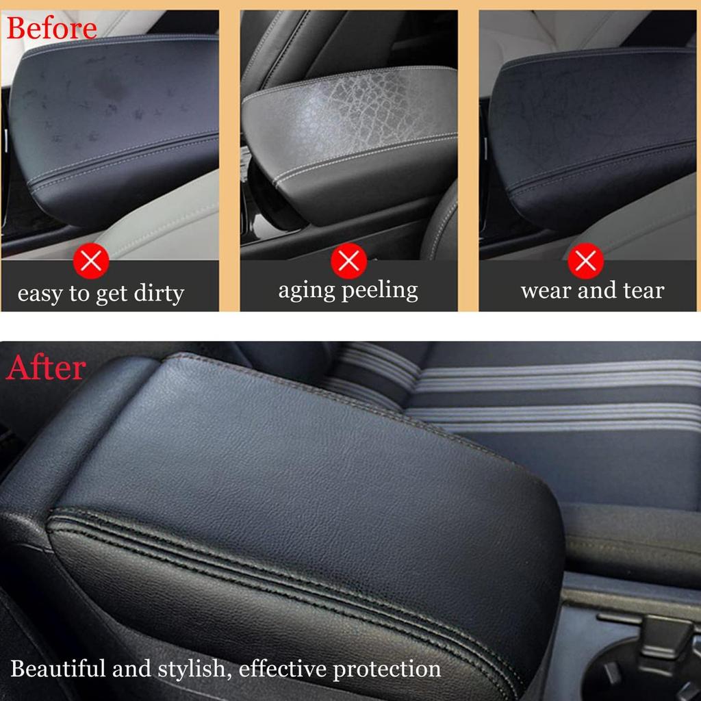 Armrest Cover Suitable for Toyota Camry 2007-2011 Leather Central Console Armrest Box Protector Pad (Black Leather + Black Stitch)