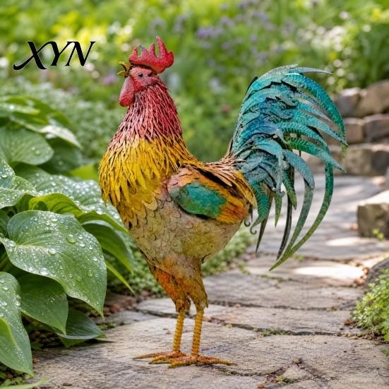 Colorful Garden Rooster Metal Statues, Waterproof Chicken Sculpture, Star Pattern Yard Decor Deco Outdoor Ornament for Patio Lawn Backyard Decorative