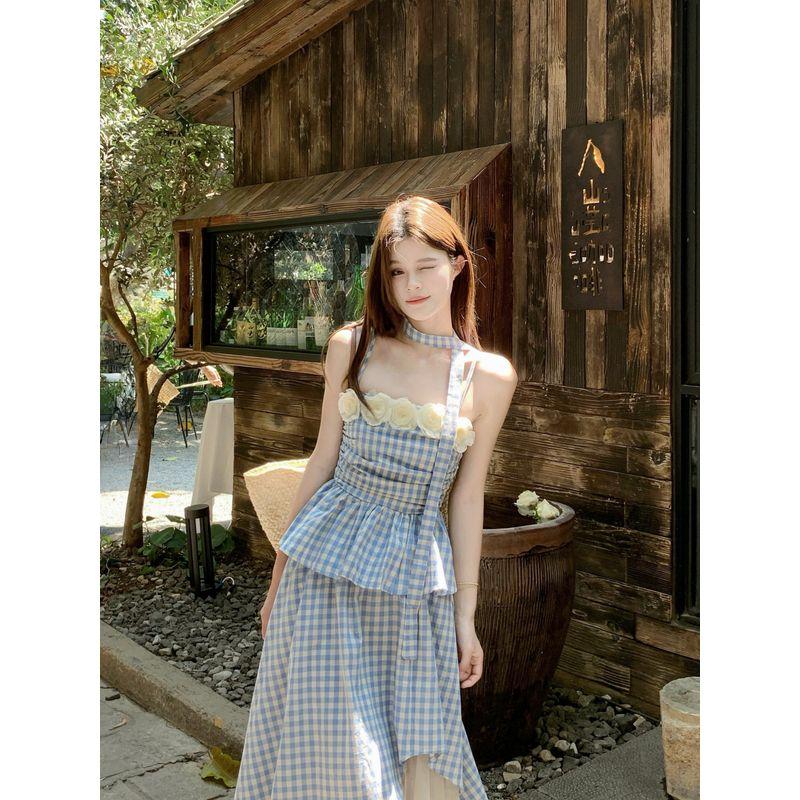 Kumikumi Sweet Style Three-Dimensional Flowers Cami Women Summer High Waist Mesh Patchwork Skirt Two-piece Set