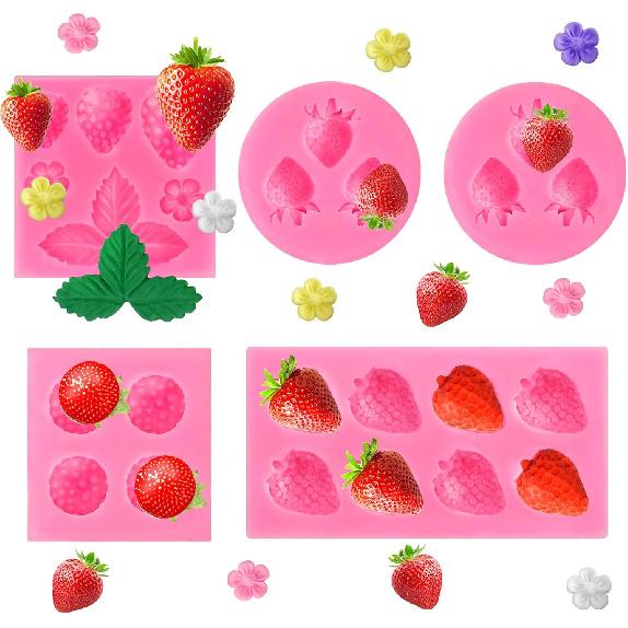 3 Pcs Strawberry Mold 3D Baking DIY Silicone Fruit Fondant Chocolate Mold for Cupcake Shortcake Cake Topper Decoration Candy Jelly Clay