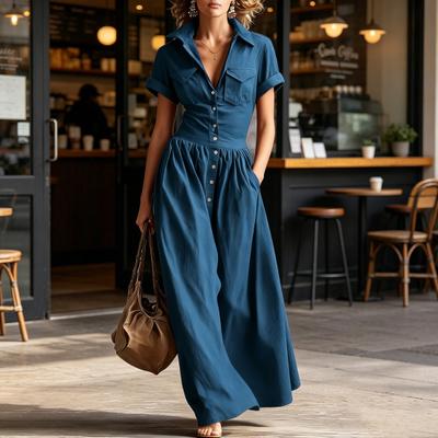 Vestido Camisa Feminino Casual de Botão, Vestido Longo de Manga Curta Estilo Western Cowgirl, Vestido Maxi Fluido de Verão em Linha A com Bolsos
