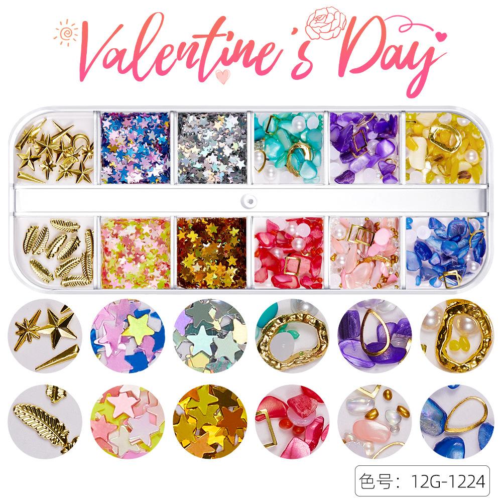 12-Gitter Valentinstag Nailart Pailletten, Glänzende Bunte Liebessterne Sechseckige Pailletten Nailart Schmuck