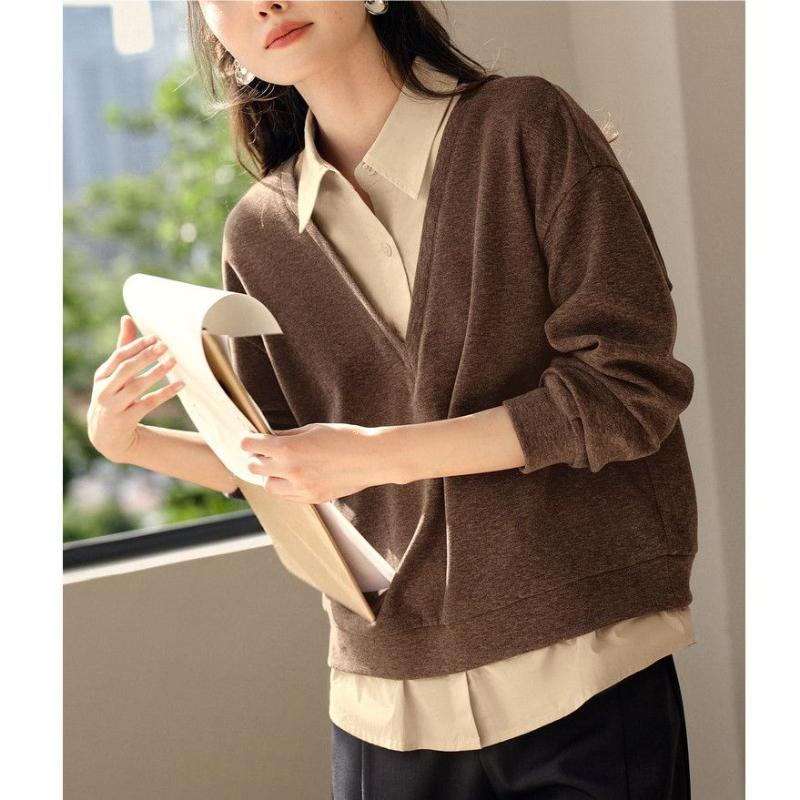 Fake Two-piece Sweatshirt for Women New Autumn Simple Design Polo Collar Contrasting Stitching Loose Casual Top