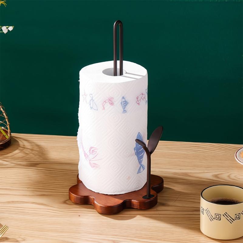 Attractive Retro Style Tissue Box Holder with Wood Base & Strong Metal Rod Wooden Tissue Dispenser for Countertops