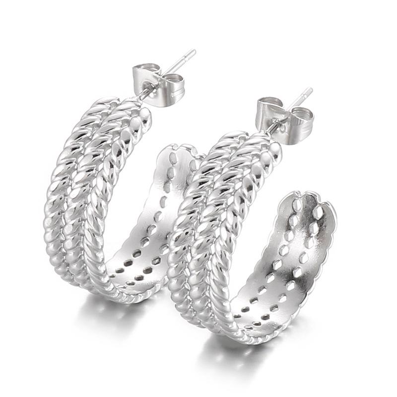 European & American INS Style Gold-Plated C-Shaped Double Wheat Ear Hoop Earrings - Trendy Titanium Steel Luxury Design for Women.