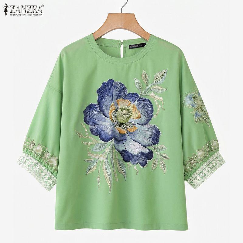 ZANZEA Women Casual Round Neck Floral Print Loose 3/4 Sleeve Blouse