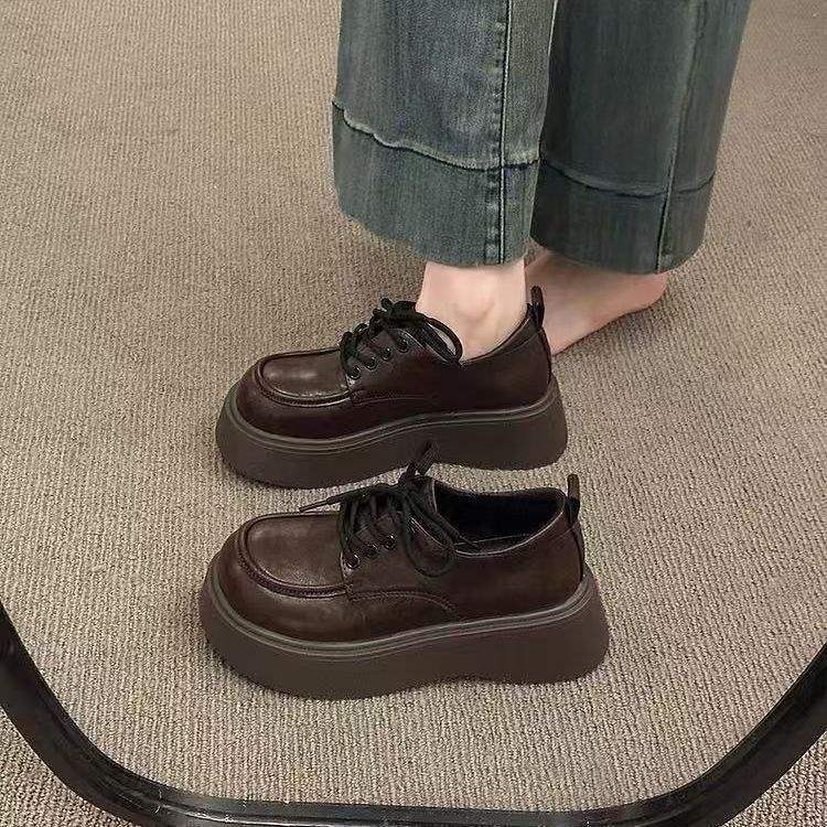 British style big head small leather shoes women's autumn black lace-up loafers retro single shoes