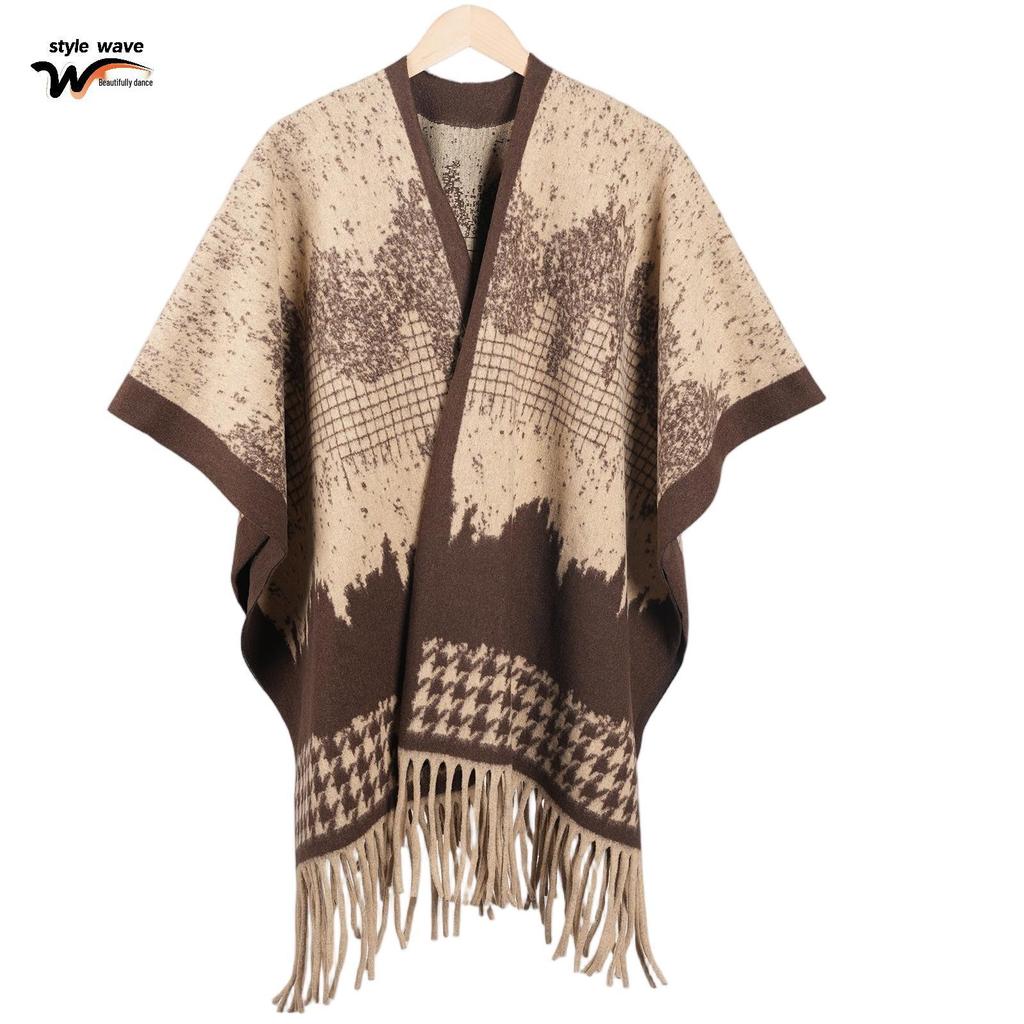 Women's Thick Jacquard Tassel Shawl - Versatile Solid Color Cape for Autumn/Winter