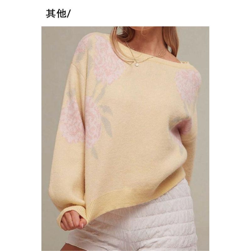 Women S Loose Round Neck Long Sleeve Knit Sweater Lazy Floral Pattern