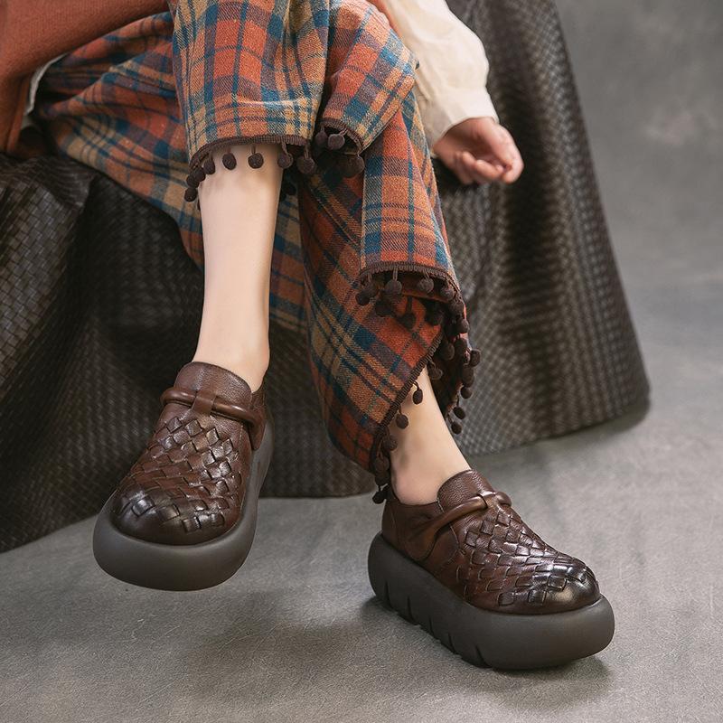 Spring Handwoven Comfortable Retro Loafers Two-Tone Full Cowhide Commuter Women Shoes