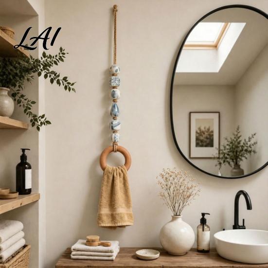 Portasciugamani in Legno Massello Appendiabiti Decorativo con Perline e Anello Boho Multicolore da Parete Organizzazione Casa Moderna Senza Foratura Portabiancheria da Fattoria