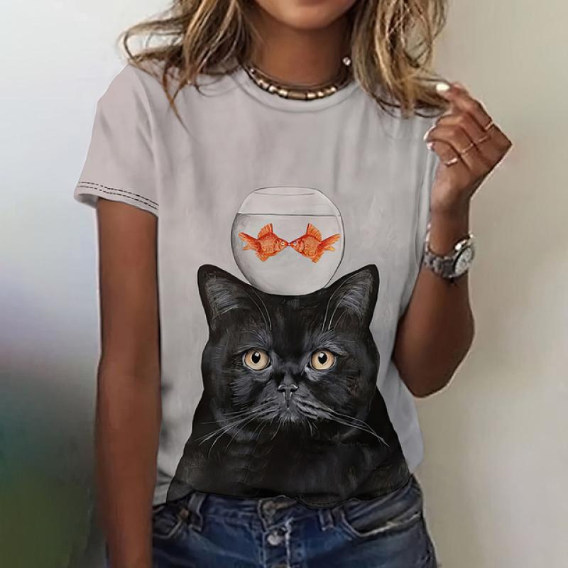 Women's T-Shirts Cute Cat Print Top Short Pullover Sleeved Fashion Casual Style O-Neck Oversize Tee Shirt Female Summer Clothing