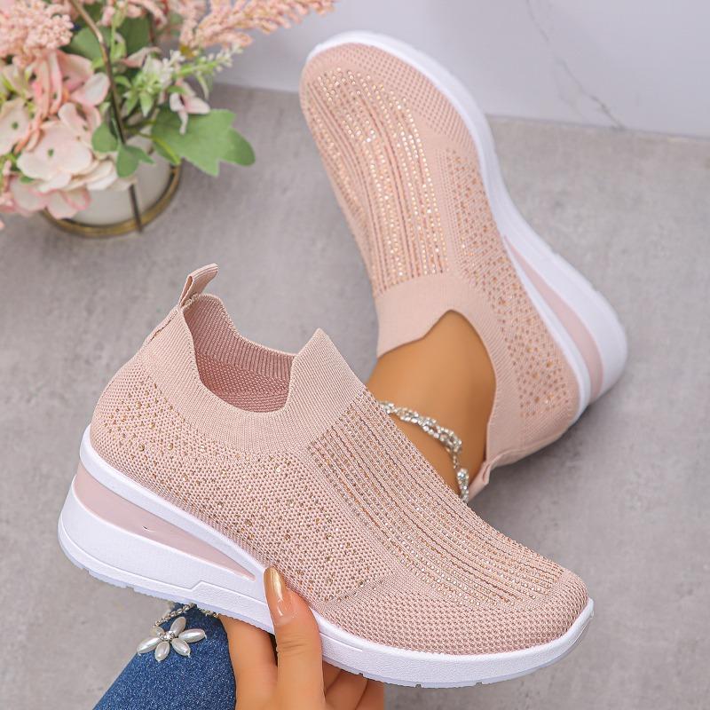 Women's Wide Width Crystallized Slip-On Sneakers - Round Toe Low Wedge Casual Shoes, Fashion Comfort Flats