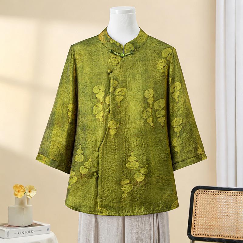 

Frog Button Tang Suit Top - Plus Size Mid-Sleeve Summer Style for Middle-Aged & Elderly Mothers 3XL (120-135 kg) зелёный