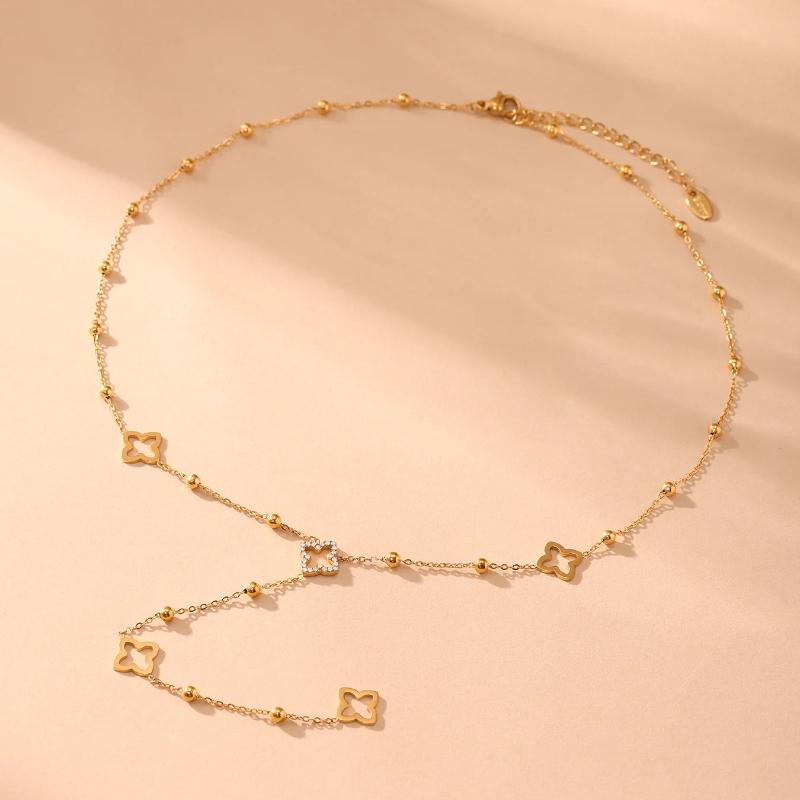 Nivora Gorgeous Luck Clover Zircon Long Chain Stainless Steel Necklaces for Women Metal Female Collar Wedding Banquet Jewelry