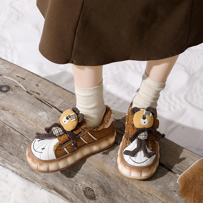 Women's fashion cartoon bear lightweight soft sole winter warm fur one snow boots velvet lined non-slip casual sports cotton boots board shoes