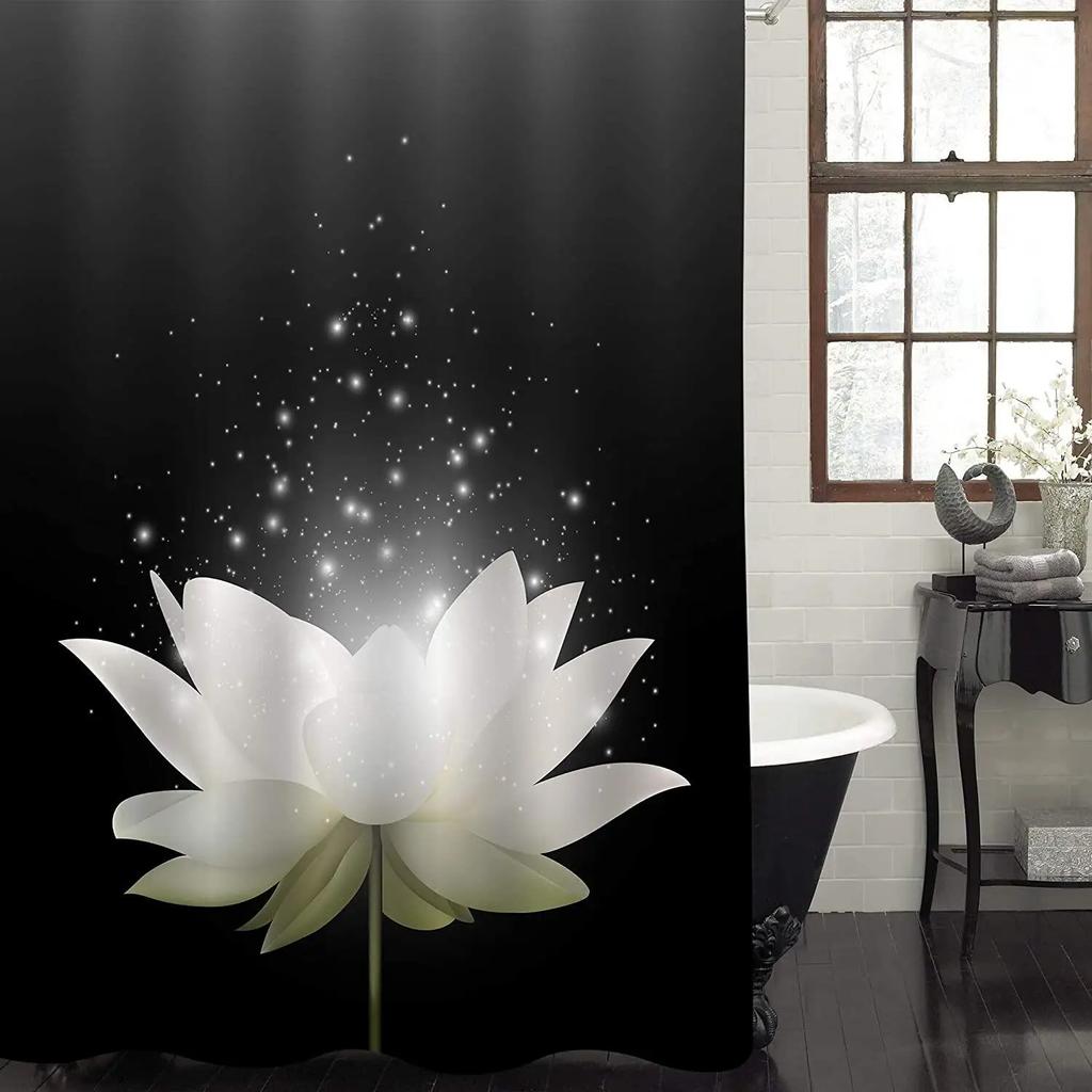 White Lotus Flower Shower Curtains for Zen Spa Bathroom Decor, Asian Floral Polyester Bath Curtain Set, Gift for Women and Girls