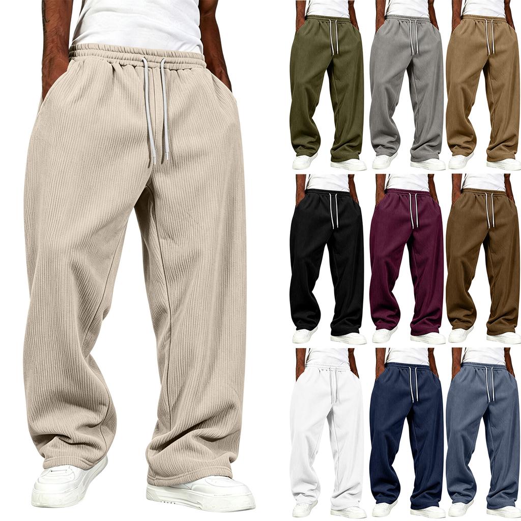 Men's Corduroy Wide Leg Pants with Pockets High Waist Loose Fit Casual Trousers